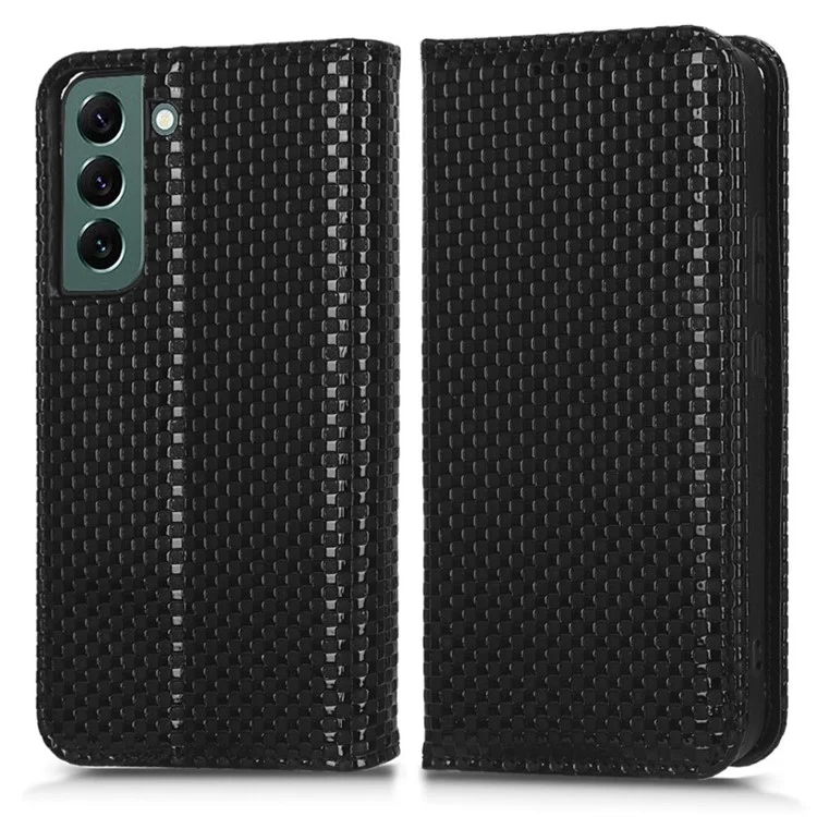 Pour Samsung Galaxy S22 + 5G Texture de la Grille Antichocyte de Texture de Téléphone de Téléphone pu en Cuir PU Téléphone Flip Wallet Case - le Noir