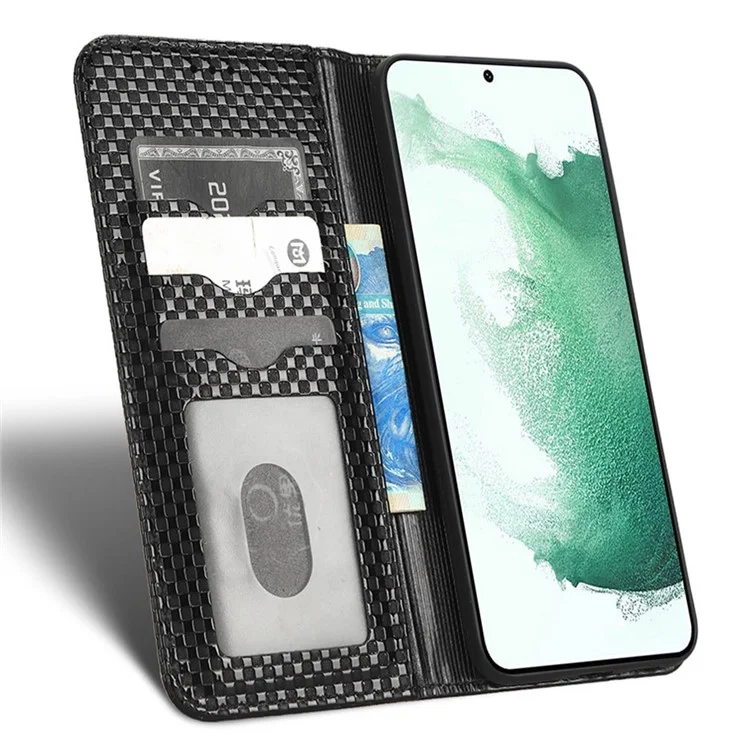 Pour Samsung Galaxy S22 + 5G Texture de la Grille Antichocyte de Texture de Téléphone de Téléphone pu en Cuir PU Téléphone Flip Wallet Case - le Noir
