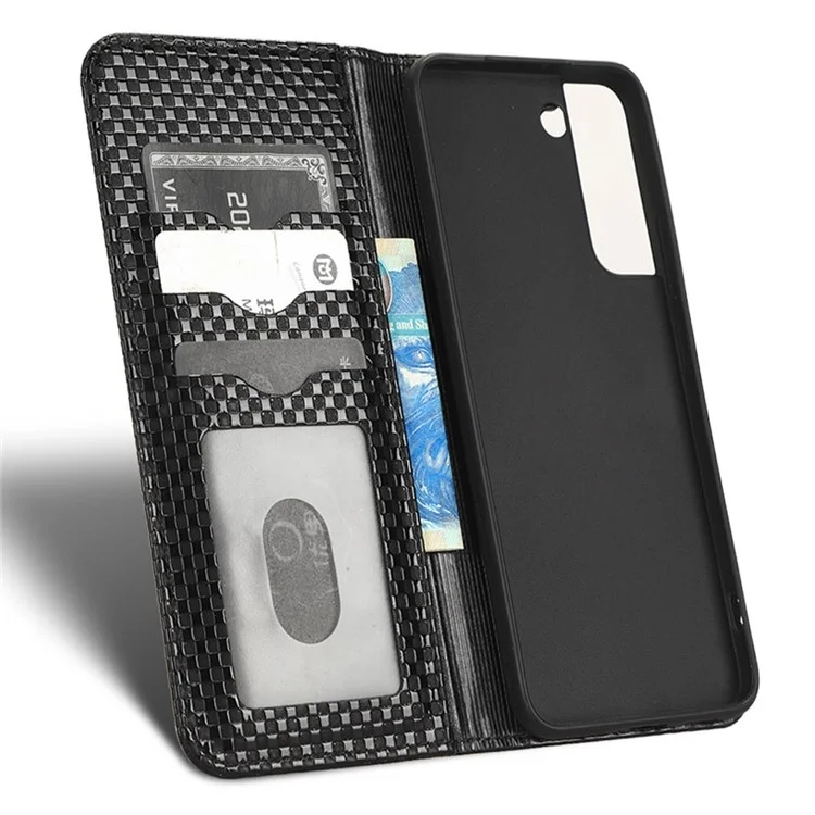 Pour Samsung Galaxy S22 + 5G Texture de la Grille Antichocyte de Texture de Téléphone de Téléphone pu en Cuir PU Téléphone Flip Wallet Case - le Noir
