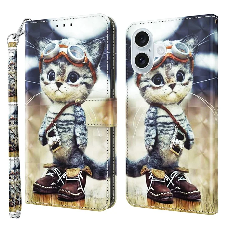 Per Iphone 16 Plus Case Stand Pattern Stamping in Pelle Copertina di Telefono - Gatto in Piedi