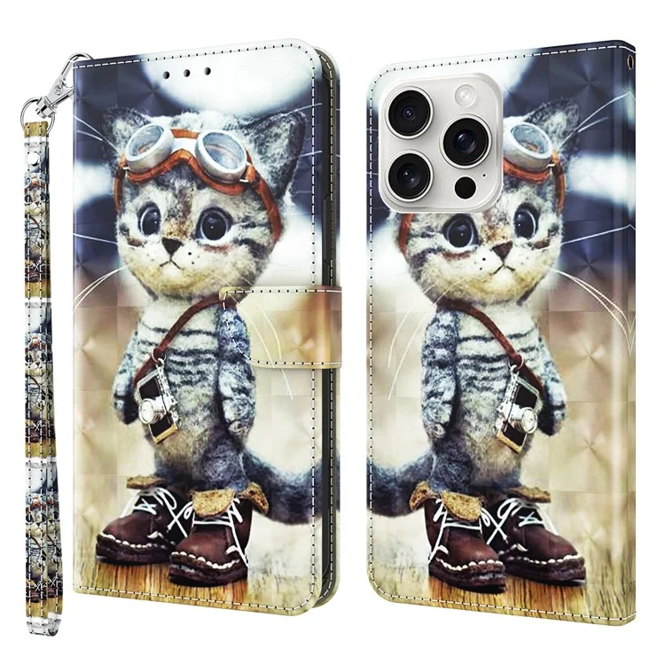 Para Iphone 16 Pro Case Stand Pattern Impresión de la Portada Del Teléfono de Cuero - Gato de Pie