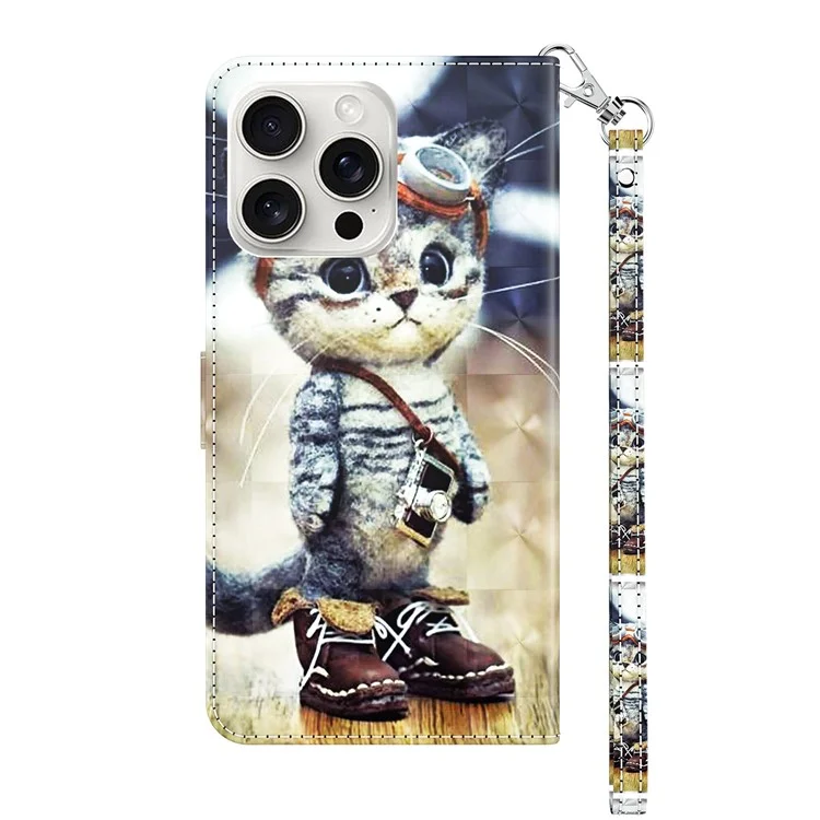Para Iphone 16 Pro Case Stand Pattern Impresión de la Portada Del Teléfono de Cuero - Gato de Pie
