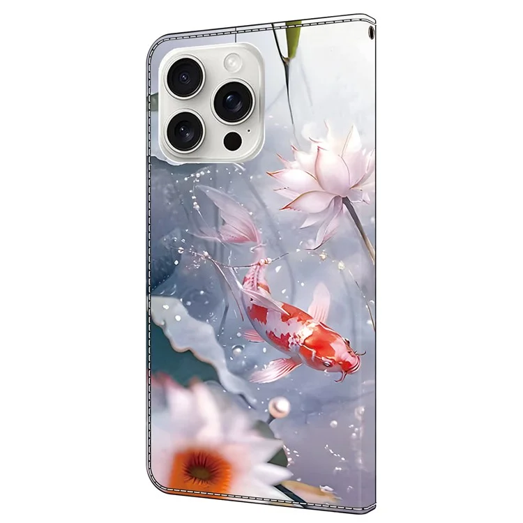 For iPhone 16 Pro Case Pattern Printed Protective Leather Flip Phone Case - Koi Carp