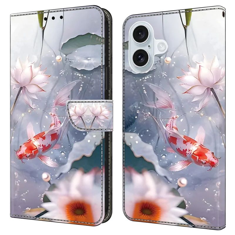 Per Iphone 16 Plus Case Pattern Stampato Custodia Per Telefoni a Flip in Pelle Protettiva - Koi Carp