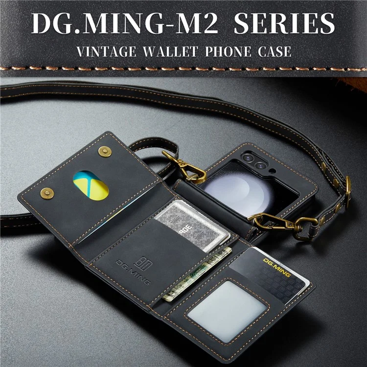DG.MING M2-Serie für Samsung Galaxy Z Flip6 5G-Hülle PU+PC Handyhülle mit Geldbörse, Gurt - Schwarz