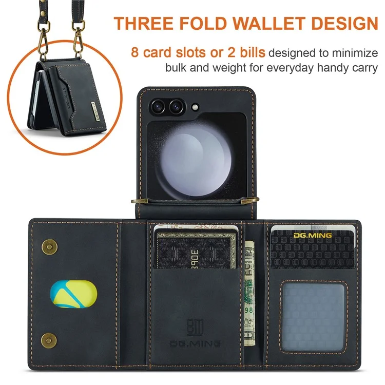 DG.MING M2-Serie für Samsung Galaxy Z Flip6 5G-Hülle PU+PC Handyhülle mit Geldbörse, Gurt - Schwarz