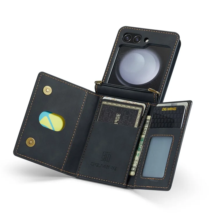 DG.MING M2-Serie für Samsung Galaxy Z Flip6 5G-Hülle PU+PC Handyhülle mit Geldbörse, Gurt - Schwarz