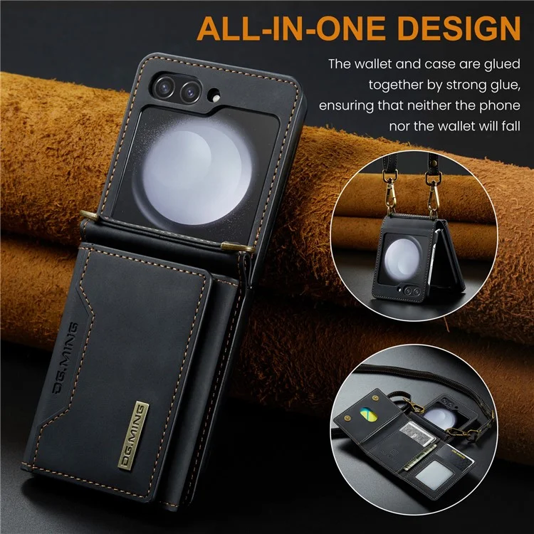 DG.MING M2-Serie für Samsung Galaxy Z Flip6 5G-Hülle PU+PC Handyhülle mit Geldbörse, Gurt - Schwarz