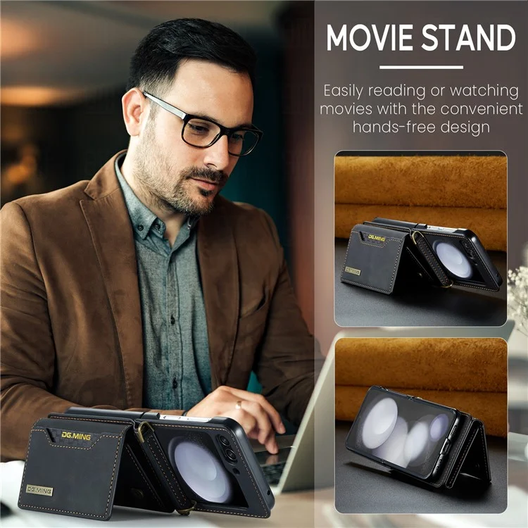 DG.MING M2-Serie für Samsung Galaxy Z Flip6 5G-Hülle PU+PC Handyhülle mit Geldbörse, Gurt - Schwarz