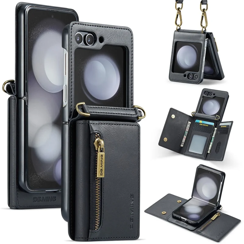 DG.MING M5 Series for Samsung Galaxy Z Flip7 FE 5G / Z Flip6 5G Case RFID Blocking Card Slots PU+PC Phone Cover - Black