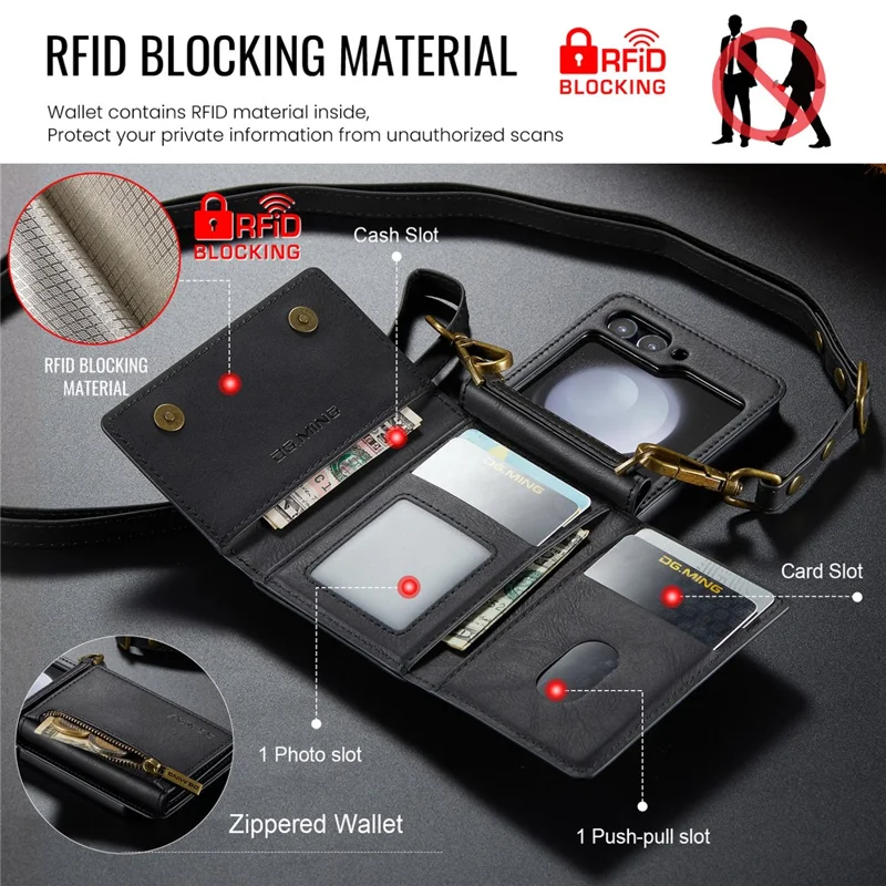 DG.MING M5 Series for Samsung Galaxy Z Flip7 FE 5G / Z Flip6 5G Case RFID Blocking Card Slots PU+PC Phone Cover - Black