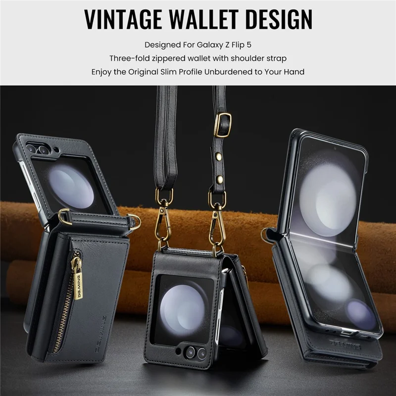 DG.MING M5 Series for Samsung Galaxy Z Flip7 FE 5G / Z Flip6 5G Case RFID Blocking Card Slots PU+PC Phone Cover - Black
