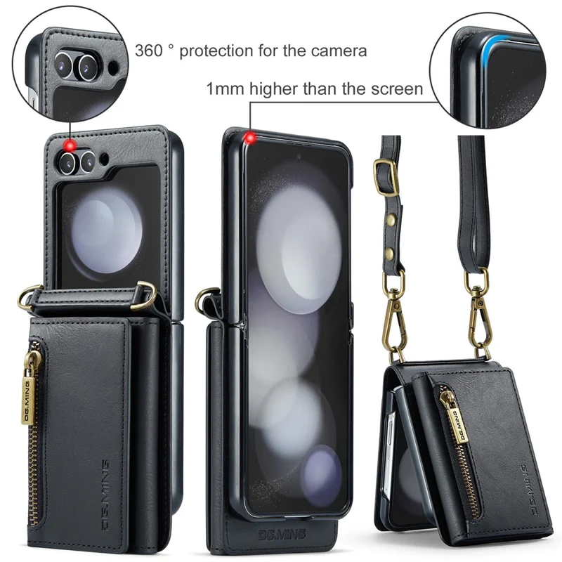 DG.MING M5 Series for Samsung Galaxy Z Flip7 FE 5G / Z Flip6 5G Case RFID Blocking Card Slots PU+PC Phone Cover - Black