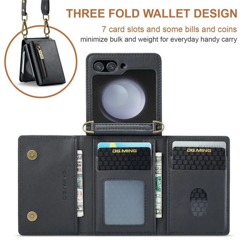 DG.MING M5 Series for Samsung Galaxy Z Flip7 FE 5G / Z Flip6 5G Case RFID Blocking Card Slots PU+PC Phone Cover - Black