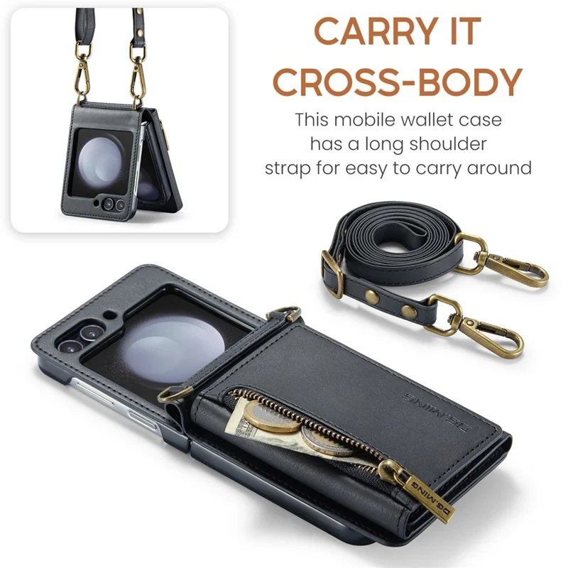 DG.MING M5 Series for Samsung Galaxy Z Flip7 FE 5G / Z Flip6 5G Case RFID Blocking Card Slots PU+PC Phone Cover - Black