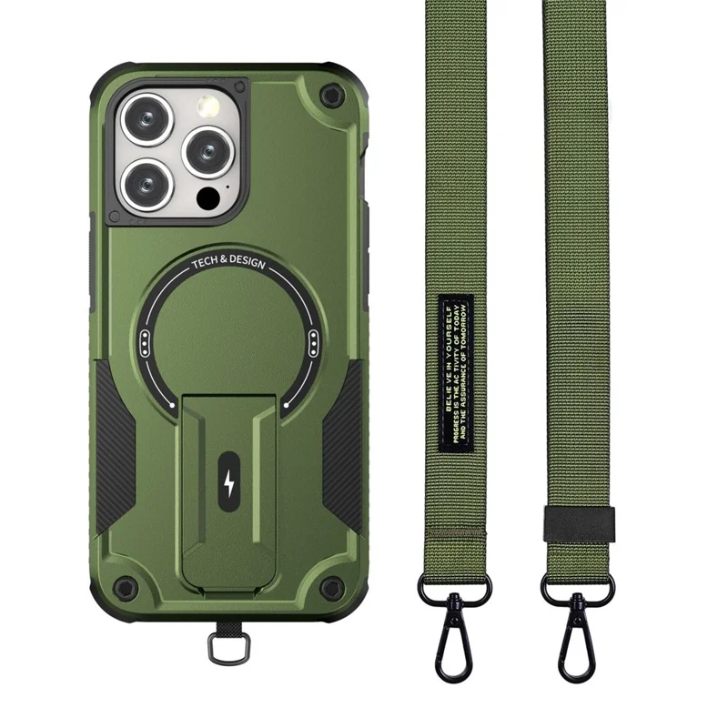 Pour Iphone 16 Pro Max Case Compatible Avec Magsafe Tpu + pc Kickstand Téléphone Couverture Avec Sangle - Vert de L'armée