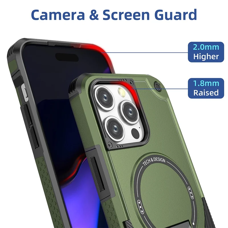Pour Iphone 16 Pro Max Case Compatible Avec Magsafe Tpu + pc Kickstand Téléphone Couverture Avec Sangle - Vert de L'armée