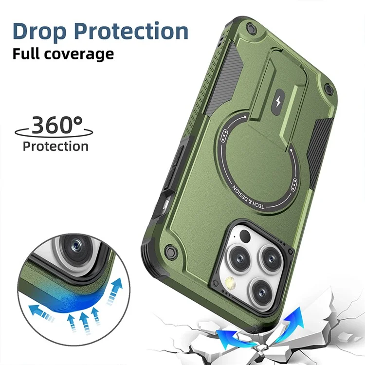 Pour Iphone 16 Pro Max Case Compatible Avec Magsafe Tpu + pc Kickstand Téléphone Couverture Avec Sangle - Vert de L'armée