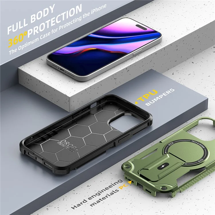 Pour Iphone 16 Pro Max Case Compatible Avec Magsafe Tpu + pc Kickstand Téléphone Couverture Avec Sangle - Vert de L'armée