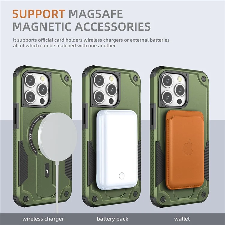 Pour Iphone 16 Pro Max Case Compatible Avec Magsafe Tpu + pc Kickstand Téléphone Couverture Avec Sangle - Vert de L'armée