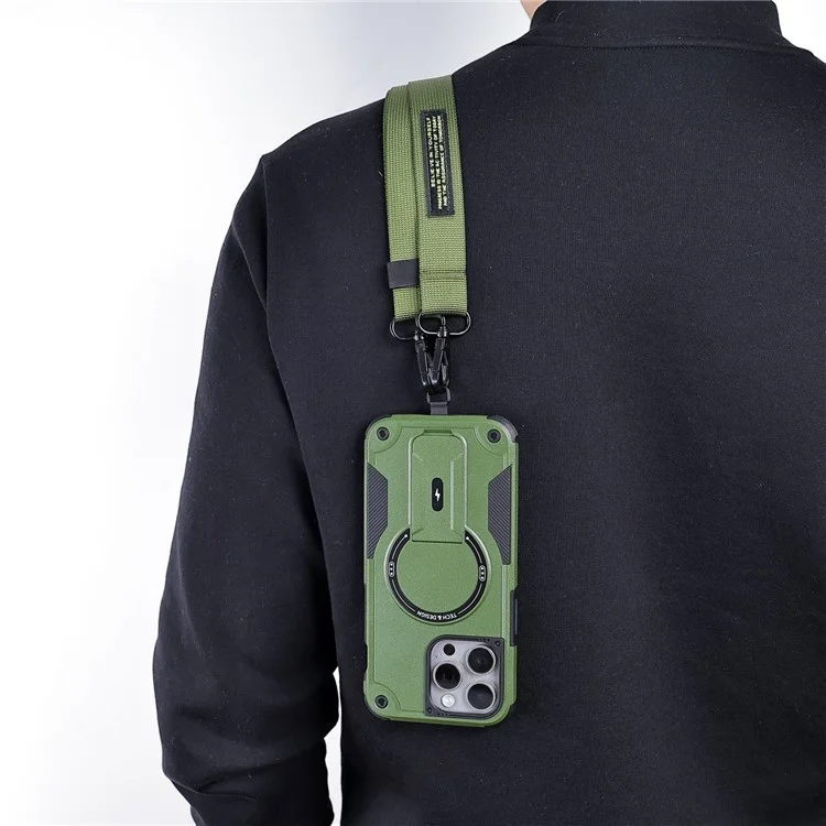 Pour Iphone 16 Pro Max Case Compatible Avec Magsafe Tpu + pc Kickstand Téléphone Couverture Avec Sangle - Vert de L'armée