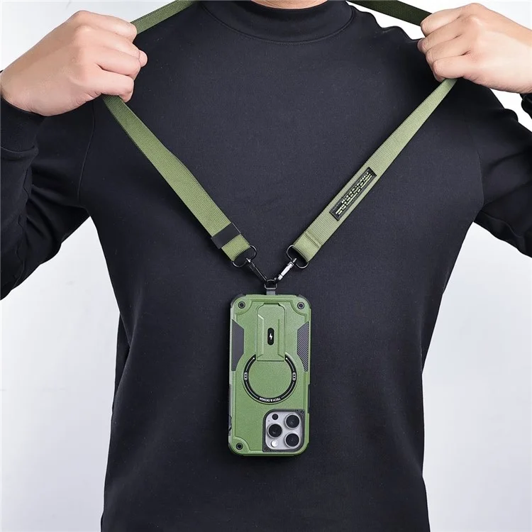 Pour Iphone 16 Pro Max Case Compatible Avec Magsafe Tpu + pc Kickstand Téléphone Couverture Avec Sangle - Vert de L'armée