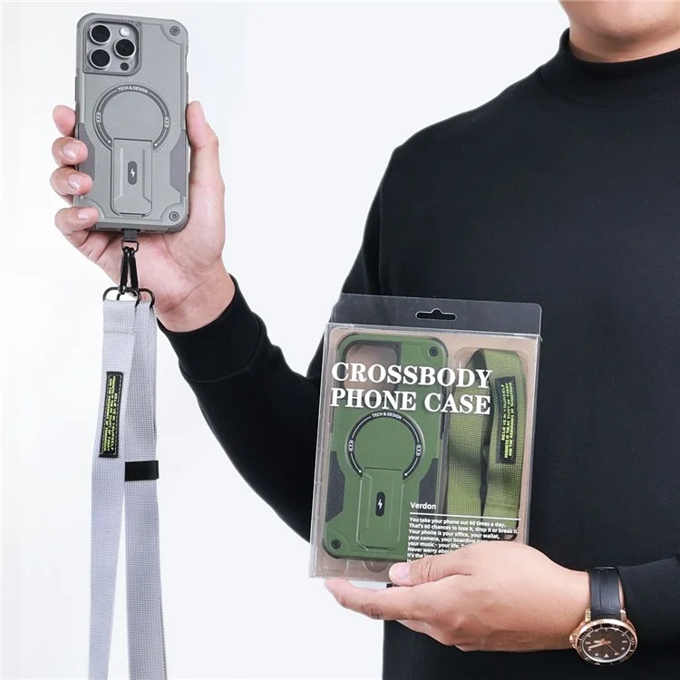 Pour Iphone 16 Pro Max Case Compatible Avec Magsafe Tpu + pc Kickstand Téléphone Couverture Avec Sangle - Vert de L'armée