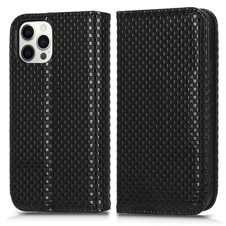 Drop-proof Phone Case For iPhone 12 Pro Max 6.7 inch, PU Leather Magnetic Auto-absorbed Flip Wallet Cover Stand Grid Texture Cell Phone Shell - Black