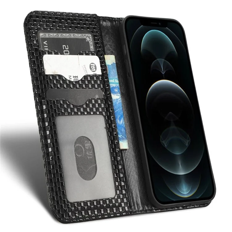 Drop-proof Phone Case For iPhone 12 Pro Max 6.7 inch, PU Leather Magnetic Auto-absorbed Flip Wallet Cover Stand Grid Texture Cell Phone Shell - Black