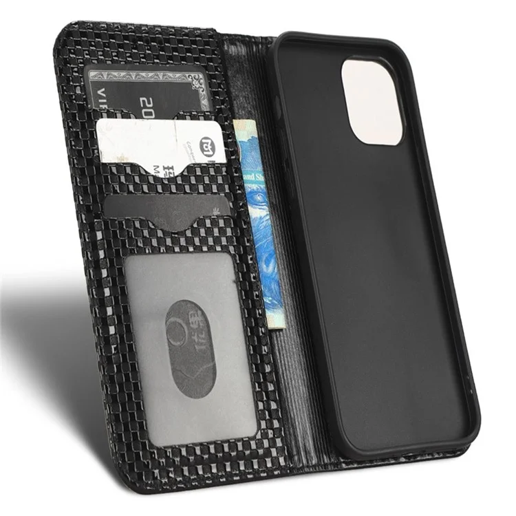 Drop-proof Phone Case For iPhone 12 Pro Max 6.7 inch, PU Leather Magnetic Auto-absorbed Flip Wallet Cover Stand Grid Texture Cell Phone Shell - Black