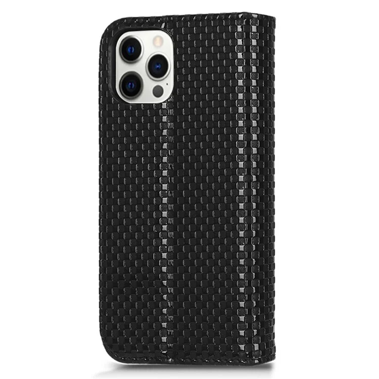 Drop-proof Phone Case For iPhone 12 Pro Max 6.7 inch, PU Leather Magnetic Auto-absorbed Flip Wallet Cover Stand Grid Texture Cell Phone Shell - Black