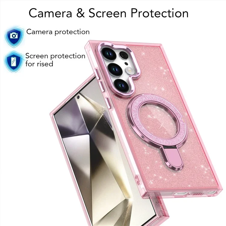 Para Samsung Galaxy S24 Ultra Case Glitter Design TPU+PC Kickstand Phone Protetor - Pink