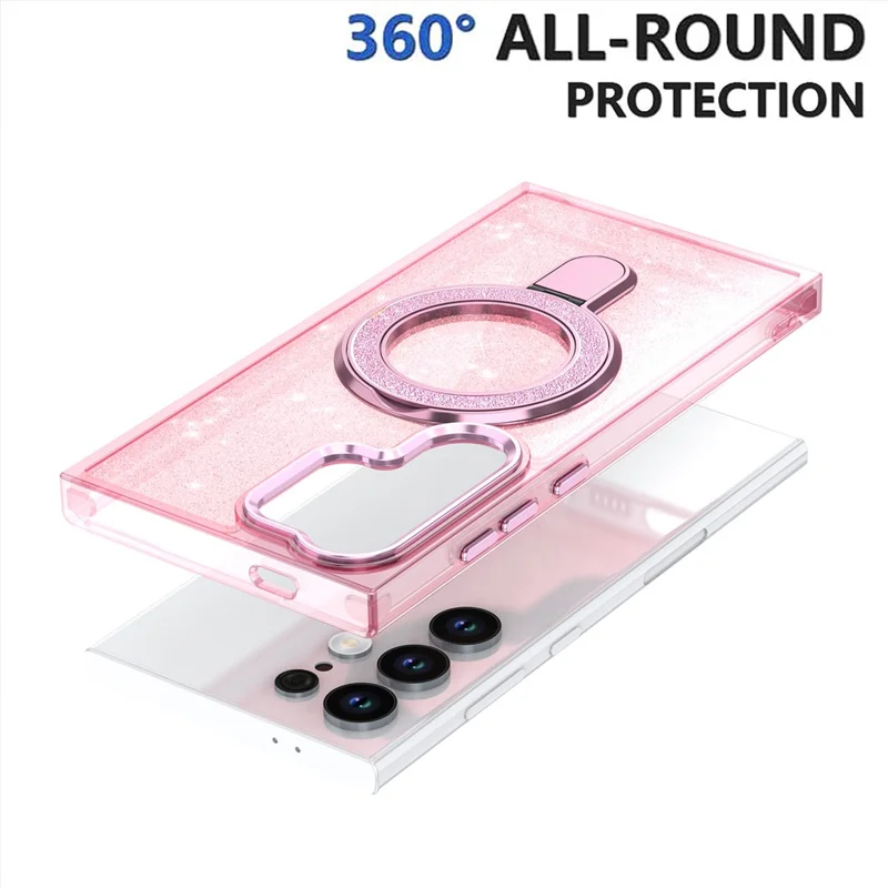 Para Samsung Galaxy S24 Ultra Case Glitter Design TPU+PC Kickstand Phone Protetor - Pink