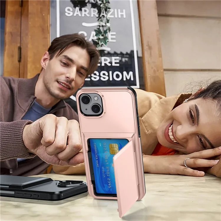 For iPhone 15 Cases Card Slot TPU+PC Kickstand Phone Case - Rose Gold