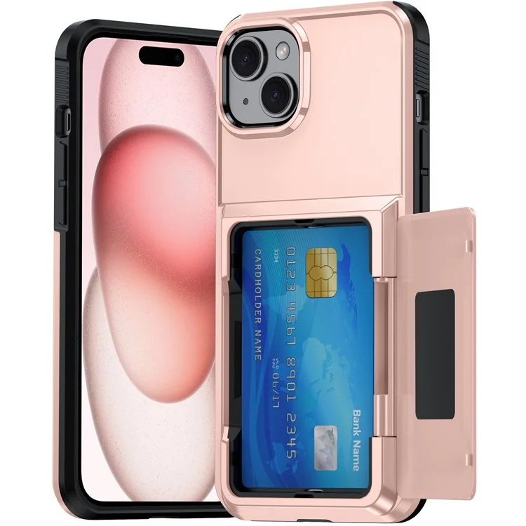 For iPhone 15 Cases Card Slot TPU+PC Kickstand Phone Case - Rose Gold