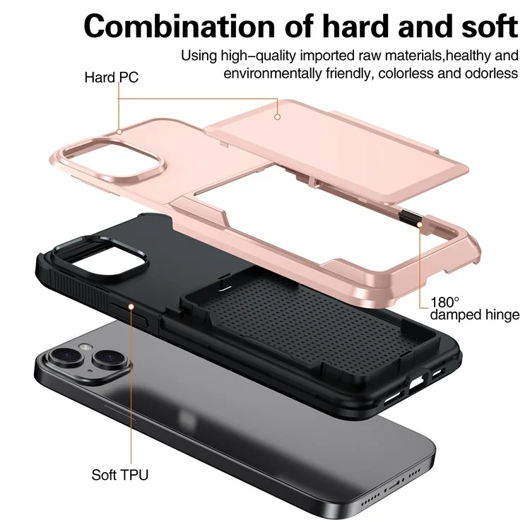For iPhone 15 Cases Card Slot TPU+PC Kickstand Phone Case - Rose Gold