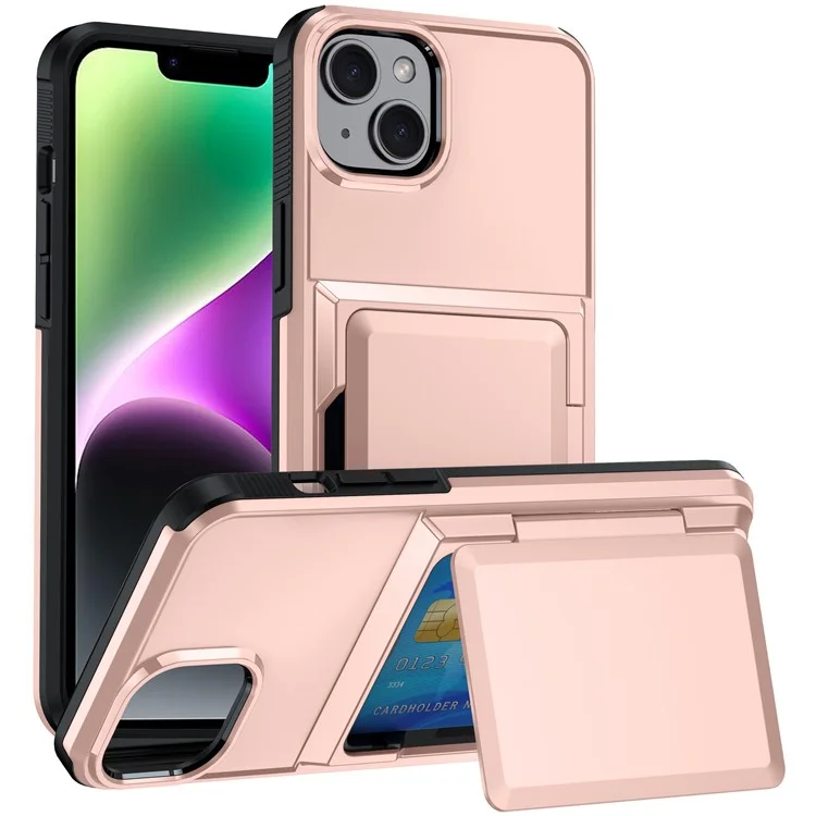 Para Iphone 14, Slot de Cartão TPU+PC Kickstand Case - Rose Gold