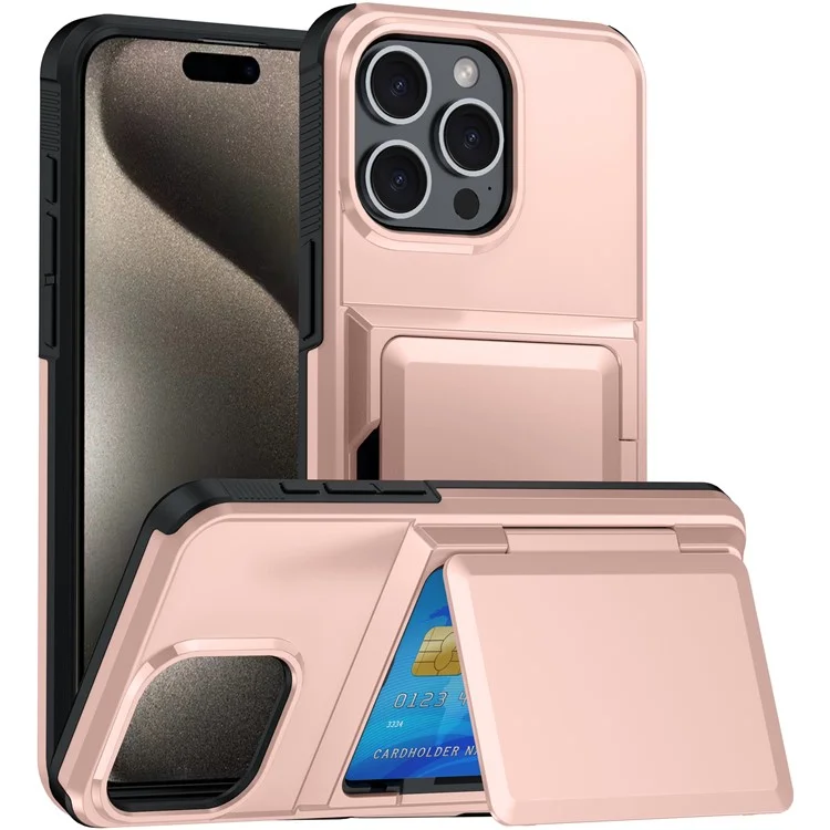 Para Iphone 14 Pro Cases Card Slot TPU+PC Kickstand Case de Telefone - Rose Gold