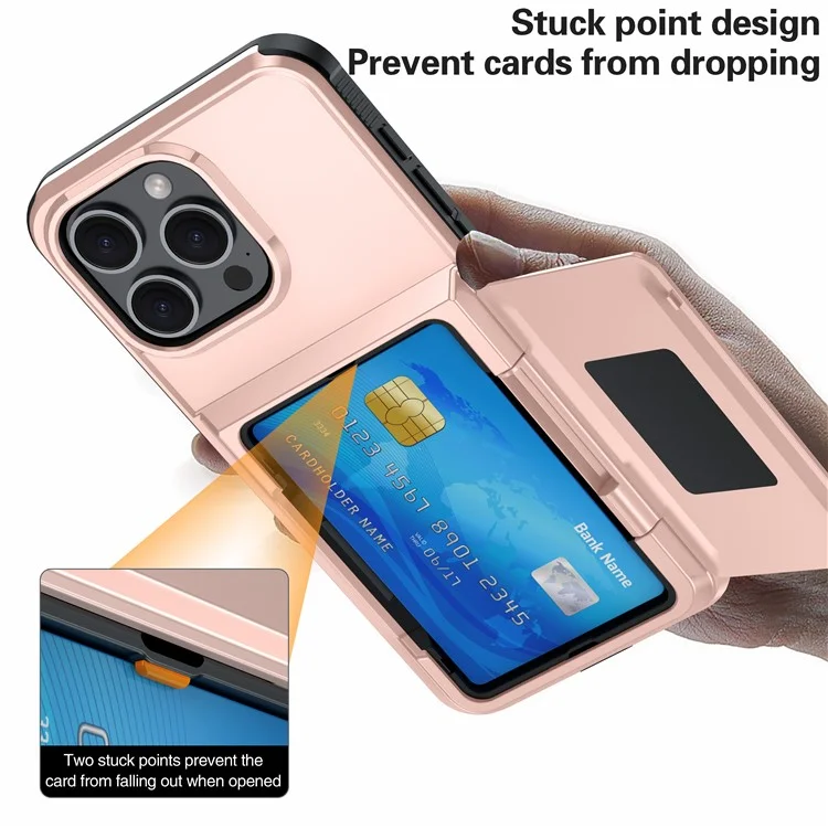 Para Iphone 14 Pro Cases Card Slot TPU+PC Kickstand Case de Telefone - Rose Gold