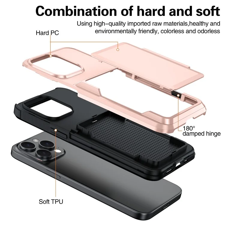 Para Iphone 14 Pro Cases Card Slot TPU+PC Kickstand Case de Telefone - Rose Gold