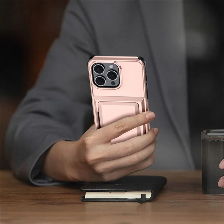 Para Iphone 14 Pro Cases Card Slot TPU+PC Kickstand Case de Telefone - Rose Gold