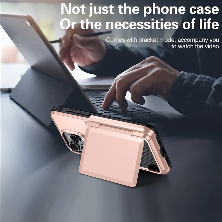 Para Iphone 14 Pro Cases Card Slot TPU+PC Kickstand Case de Telefone - Rose Gold