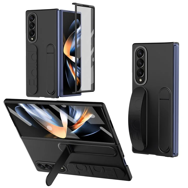 Para Samsung Galaxy Z Fold4 5G Case Corta PC de Pulsera de Kickstand Cubierta de Teléfono Con Película de Vidrio Templado - Negro