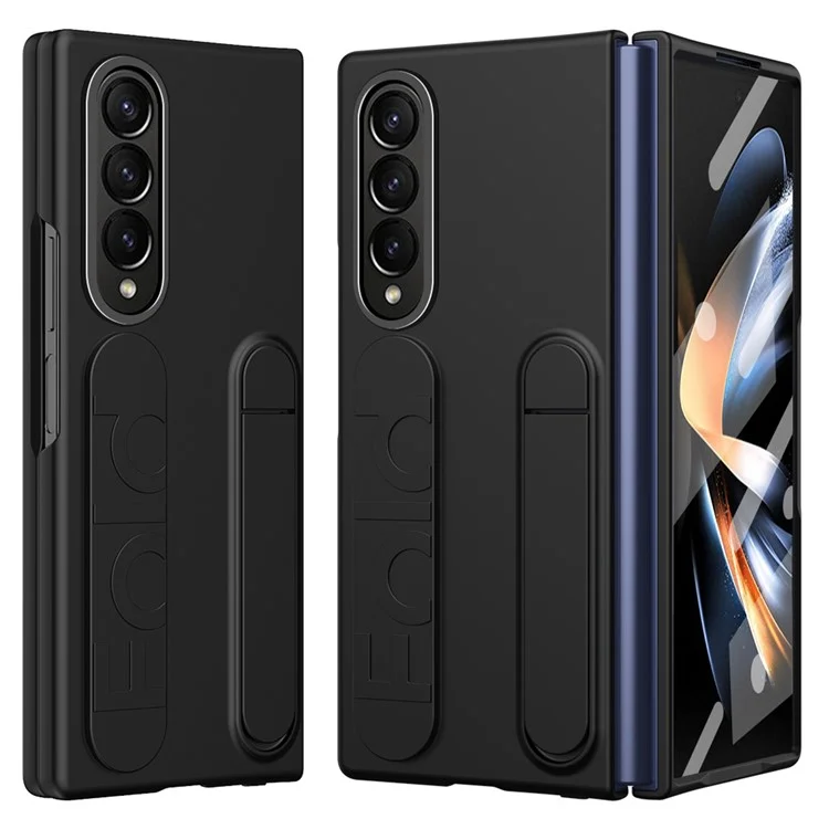 Para Samsung Galaxy Z Fold4 5G Case Corta PC de Pulsera de Kickstand Cubierta de Teléfono Con Película de Vidrio Templado - Negro