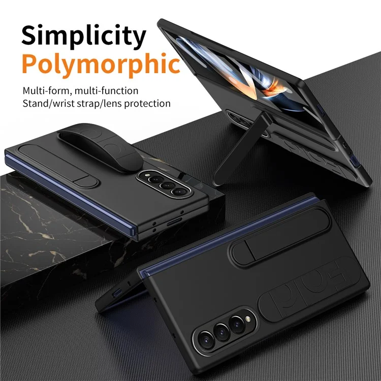Para Samsung Galaxy Z Fold4 5G Case Corta PC de Pulsera de Kickstand Cubierta de Teléfono Con Película de Vidrio Templado - Negro