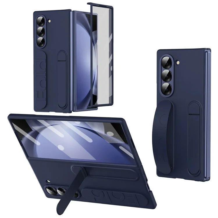 For Samsung Galaxy Z Fold5 5G Case Kickstand Wristband PC Phone Cover with Tempered Glass Film - Blue