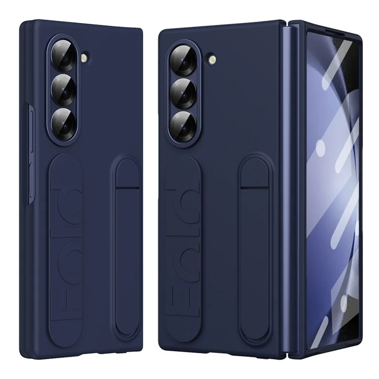 For Samsung Galaxy Z Fold5 5G Case Kickstand Wristband PC Phone Cover with Tempered Glass Film - Blue