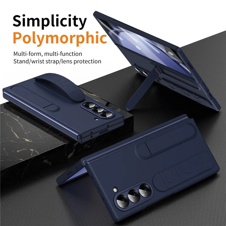 For Samsung Galaxy Z Fold5 5G Case Kickstand Wristband PC Phone Cover with Tempered Glass Film - Blue