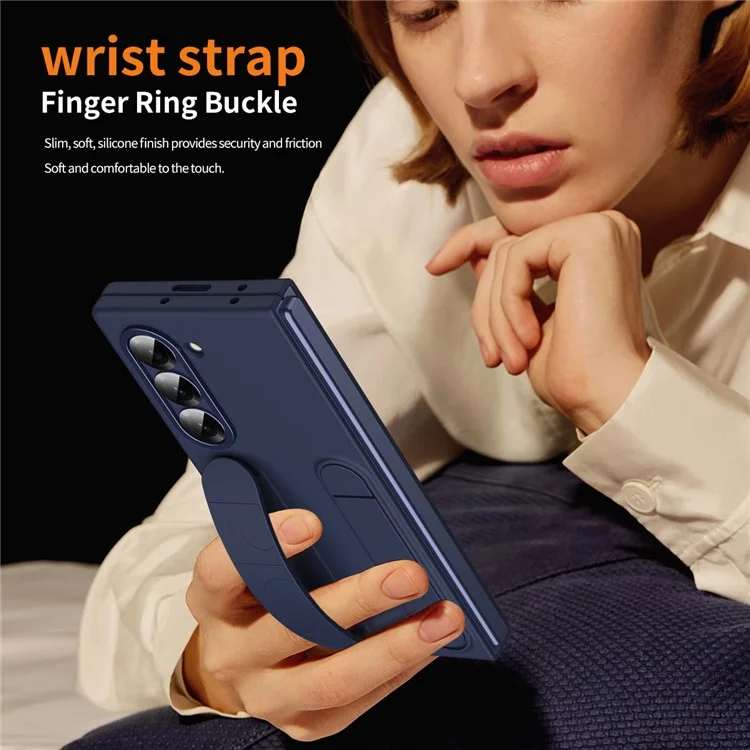 For Samsung Galaxy Z Fold5 5G Case Kickstand Wristband PC Phone Cover with Tempered Glass Film - Blue