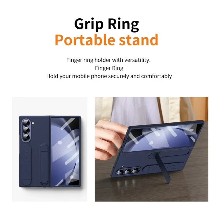 For Samsung Galaxy Z Fold5 5G Case Kickstand Wristband PC Phone Cover with Tempered Glass Film - Blue